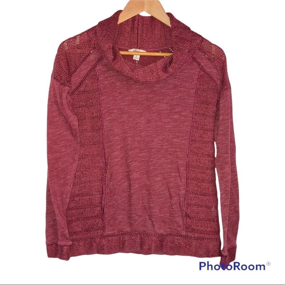 Lucky Brand Woman Size S Maroon Mock Neck Sweater Tight Knit Pockets Boho
